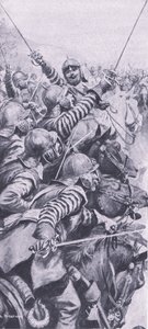 Noivado de cavalaria na batalha de Edgehill, 23 de outubro de 1642, ilustração das Batalhas Britânicas na Terra e no Mar, 1915