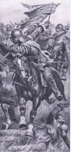 Lieutenat John Smith retomando o reinado padrão em Edgehill, 23 de outubro de 1642, ilustração das Batalhas Britânicas em Terra e Mar, 1915