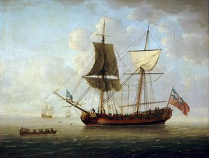 Um brigue britânico, com a bandeira vermelha e a Union Jack, ao largo num mar calmo. Óleo sobre tela