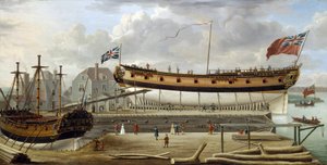 Um navio de sexta categoria (sixth rate), um navio de guerra da Marinha Real Britânica, em doca seca, o estaleiro é provavelmente o de Rotherhite, na margem sul do Tamisa (Inglaterra)