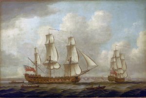 O navio indiano "Princess Royal", ao largo da costa britânica, com um porto fortificado. Óleo sobre tela