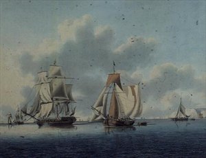 Fragata e barcos de pesca holandeses fora da ilha de Wight