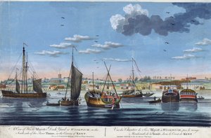 Vista das docas reais de Woolwich, na margem esquerda do Tamisa (Inglaterra), no condado de Kent. Gravura a cores de John Clevely, o Jovem (1747-1786) de John the Younger Cleveley