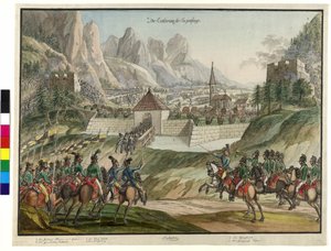 A conquista do Luziensteig pelas tropas austríacas em 1799 (aguarela) de Jokob Placidus Altmutter