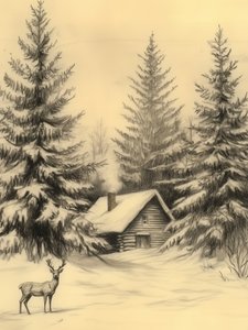 Cabana rústica de inverno com veados de Jolly and Dash