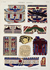 Ilustrações de desenhos pintados do invólucro das múmias, Hipogeu, Tebas, prato 58 do Vol. II de Descrições do Egito, gravado por Willemin, 1822 (aquatint) de Jomard