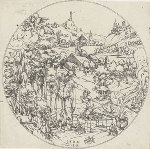 Abraão sacrifica Isaque Bottoms of Bowls: Landscapes with Bible and Mythological Representations (título da série) de Jonas Silber