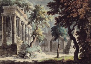 O Templo de Saturno (Ruínas Romanas) (caneta e tinta, aquarela e aguarela sobre papel)