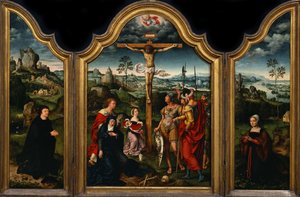 Tríptico: A crucificação com doador e sua esposa de Joos van Cleve