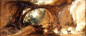 Uma paisagem rochosa com desportistas num caminho de Joos de (follower of) Momper