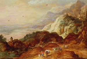 Uma paisagem montanhosa com figuras e mulas de Joos or Josse de Momper