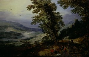 Estrada de montanha com viajantes, c.1610-25 (óleo sobre painel com berço)