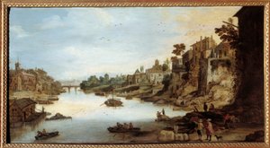Vista do Tibre (Tevere) em Roma Uma casa sobre palafitas à esquerda. Pintura de Josse Momper II (1564-1635)