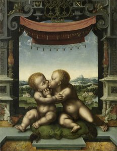 Os bebês Cristo e São João Batista abraçando, 1520-25 de Joos van Cleve