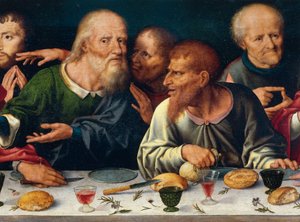A Última Ceia, Judas e os outros apóstolos, Joos van Cleve (1485-1540 ca), retábulo da igreja de Frati Minori em Génova, Itália