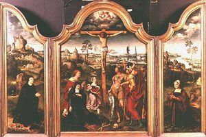 Tríptico: Crucificação flanqueada por Doadores ajoelhados (óleo) de Joos van Cleve