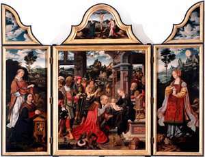 Tryptic da Adoração dos Magos. Pintura sobre madeira por Joos Van Cleve o jovem (1485-1540) 1515 Dim. 260x200 cm Genes, Igreja de San Donato de Joos van Cleve