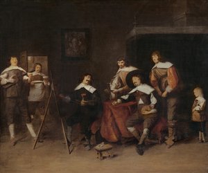 Um artista pintando o retrato de um jovem senhor em Antuérpia