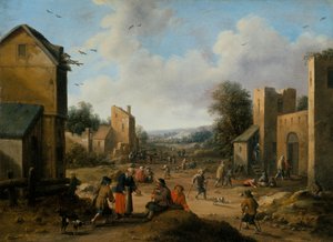 Uma paisagem de aldeia com camponeses