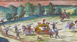Chegada da rainha Elizabeth I no Palácio de Nonesuch com seus cortesãos, guardas e cães, detalhe de gravura de cobre colorido de mão de 1598 de 324184 de Joris Hoefnagel
