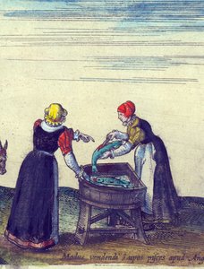 Fishwives vendendo e eviscerando pique, 1598 mão colorido detalhe de gravura de cobre de 324184 de Joris Hoefnagel