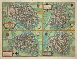 Mapa de Arnhem, Velmo, Gelre e Ruerm, de &39;Civitates Orbis Terrarum&39; por Georg Braun (1541-1622) e Frans Hogenberg (1535-90) c.1572-1617