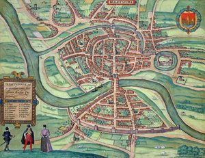 Mapa de Bristol, de &39;Civitates Orbis Terrarum&39; por Georg Braun (1541-1622) e Frans Hogenberg (1535-90) c.1572-1617