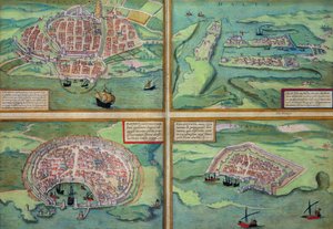 Mapa de Calais, Malta, Rhodes, e Famagusta, do &39;mundo&39; por Braun (1541-1622) e Franz Hogenbergh (1535-1590), c.1572