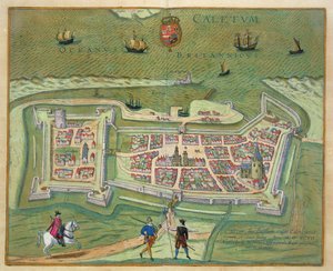 Mapa de Calais, de &39;Civitates Orbis Terrarum&39; por Georg Braun (1541-1622) e Frans Hogenberg (1535-90), 1597 (gravura a cores)