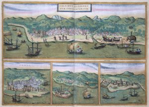 Mapa de Calicut, de &39;Civitates Orbis Terrarum&39; por Georg Braun (1541-1622) e Frans Hogenberg (1535-90), c.1572