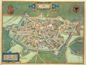 Mapa de Cambrai, de &39;Civitates Orbis Terrarum&39; por Georg Braun (1541-1622) e Frans Hogenberg (1535-90), c.1572 (gravura a cores)