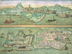 Um mapa de Creta e Corfu, de &39;Mundo&39; pela Braun (1541-1622) e Franz Hogenbergh (1535-1590), c.1572