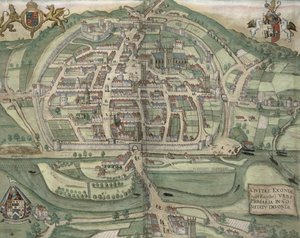 Mapa de Exeter, de &39;Civitates Orbis Terrarum&39; por Georg Braun (1541-1622) e Frans Hogenberg (1535-90) c.1572-1617