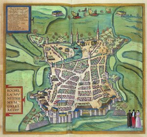 Mapa de La Rochelle, de &39;Civitates Orbis Terrarum&39; por Georg Braun (1541-1622) e Frans Hogenberg, c.1572 (gravura a cores)