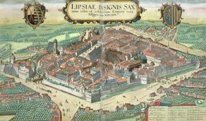 Mapa de Leipzig, de &39;Civitates Orbis Terrarum&39; por Georg Braun (1541-1622) e Frans Hogenberg (1535-90), c.1572 (gravura a cores)