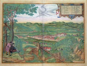 Mapa de Linz, de &39;Mundo&39; pela Braun (1541-1622) e Franz Hogenbergh (1535-1590) 1594