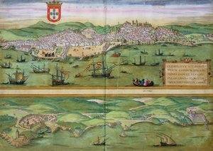 Mapa de Lisboa e Cascais, de &39;Civitates Orbis Terrarum&39; por Georg Braun (1541-1622) e Frans Hogenberg (1535-90), c.1572