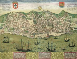 Mapa de Lisboa, de &39;Civitates Orbis Terrarum&39; por Georg Braun (1541-1622) e Frans Hogenberg (1535-90), c.1572