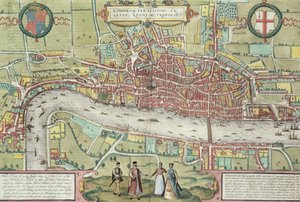 Mapa de Londres, de &39;Civitates Orbis Terrarum&39; por Georg Braun (1542-1622) e Frans Hogenburg (1635-90), c.1572 (ver também 51896 e 58543)
