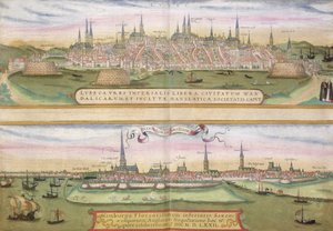 Mapa de Lubeck e Hamburgo, de &39;Civitates Orbis Terrarum&39; por Georg Braun (1541-1622) e Frans Hogenberg (1535-90), c.1572 (gravura colorida)