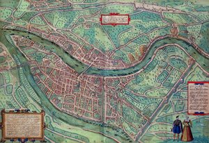 Mapa de Lyon, de &39;Civitates Orbis Terrarum&39; por Georg Braun (1541-1622) e Frans Hogenberg (1535-90), c.1572 (gravura colorida)