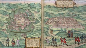 Mapa do México e Cuzco, de &39;Civitates Orbis Terrarum&39; por Georg Braun (1541-1622) e Frans Hogenberg (1535-90), c.1572 de Joris Hoefnagel