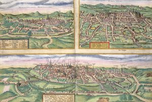 Mapa de Montpellier, Tours e Poitiers, de &39;Civitates Orbis Terrarum&39; por Georg Braun (1541-1622) e Frans Hogenberg (1535-90), c.1572