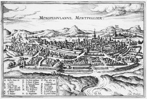 Mapa de Montpellier, de &39;Civitates Orbis Terrarum&39; por Georg Braun (1541-1622) e Frans Hogenberg (1535-90) Bruxelas, 1574 (ver também 121038)
