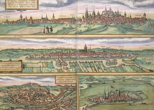 Mapa de Nuremberg, Ulm e Saltzburg, de &39;Civitates Orbis Terrarum&39; por Georg Braun (1541-1622) e Frans Hogenberg (1535-90), c.1572 (gravura colorida)