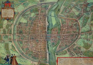 Mapa de Paris, de &39;Civitates Orbis Terrarum&39; por Georg Braun (1541-1622) e Frans Hogenberg (1535-90), c.1572 (gravura a cores)