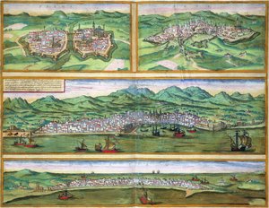 Mapa de Parma, Siena, Palermo, e Drepannm, de &39;Mundo&39; pela Braun (1541-1622) e Franz Hogenbergh (1535-1590), c.1572