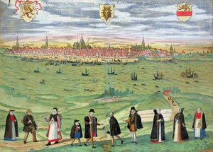Mapa de Rostock, de &39;Civitates Orbis Terrarum&39; por Georg Braun (1541-1622) e Frans Hogenberg (1535-90) c.1572-1617