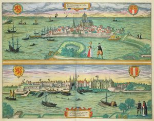 Mapa de Rotterdam e Gouda, de &39;Civitates Orbis Terrarum&39; por Georg Braun (1541-1622) e Frans Hogenberg (1535-90) c.1572-1617