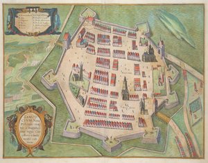 Mapa de Zamosc, de &39;Mundo&39; pela Braun (1541-1622) e Franz Hogenbergh (1535-1590) c.1572-1617